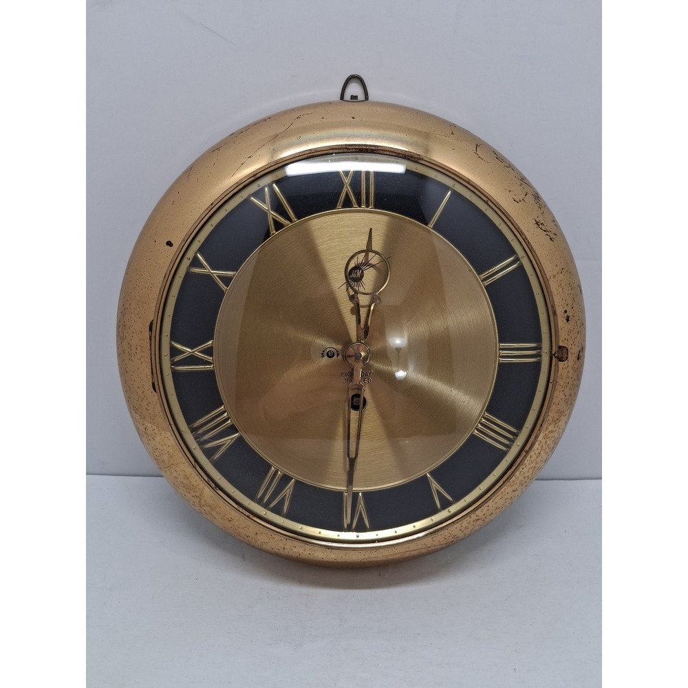 Vintage J&M Eight Day Jeweled Brass Wall Clock Roman Numeral Mid Century Retro